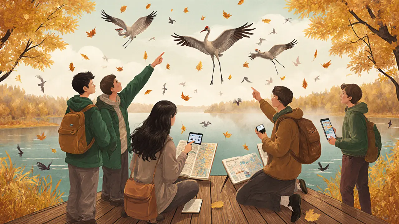 Группа молодых людей наблюдает за журавлями на озере Онежском осенью.