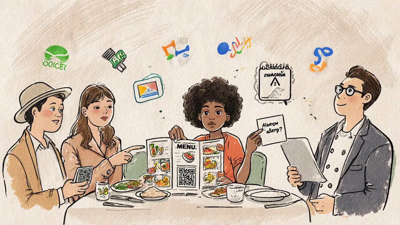 Группа туристов использует QR-коды, фото и записки с аллергиями, чтобы безопасно заказать еду в ресторане.