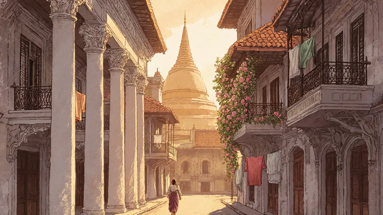 Колониальная улица Янгона: белые колонны, балконы с бельём, буддийская ступа на фоне, золотой закат.