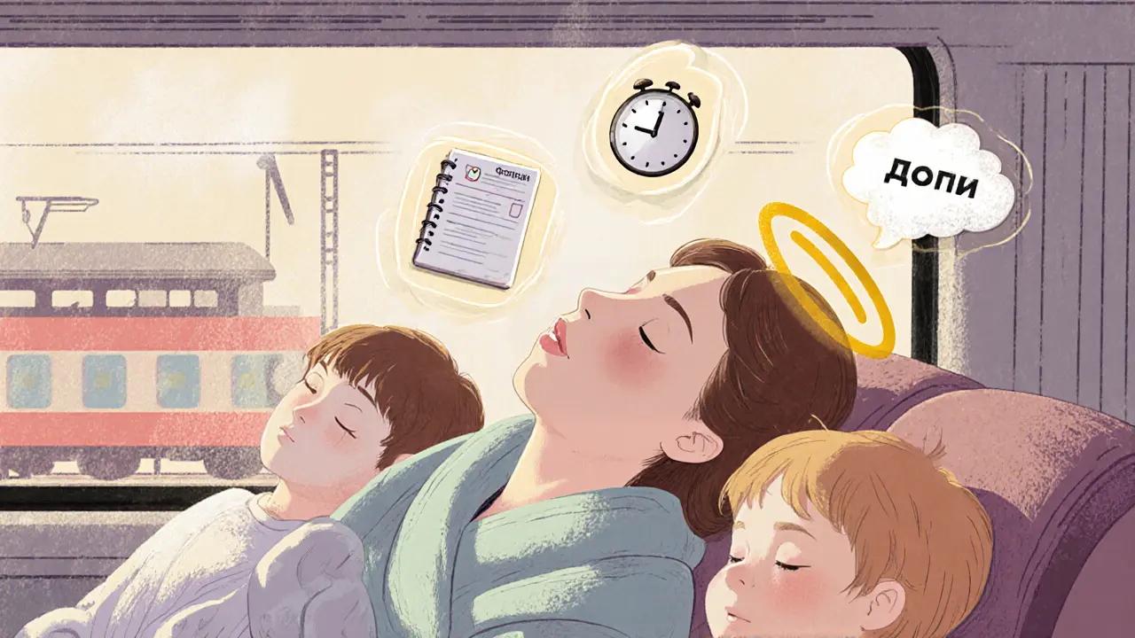 Мать отдыхает в поезде, пока дети спят — отдых как часть продуктивности.