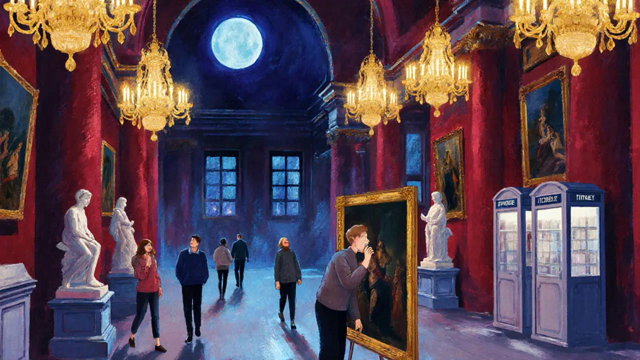 Ночь в Эрмитаже: посетители наслаждаются бесплатной выставкой при свете ламп