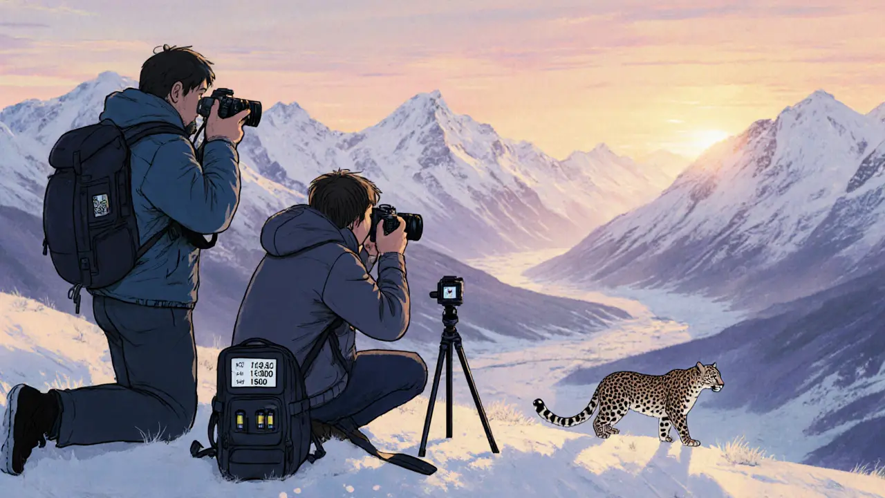 Новичок учится снимать снежного барса в Алтае под руководством профессионала на рассвете.