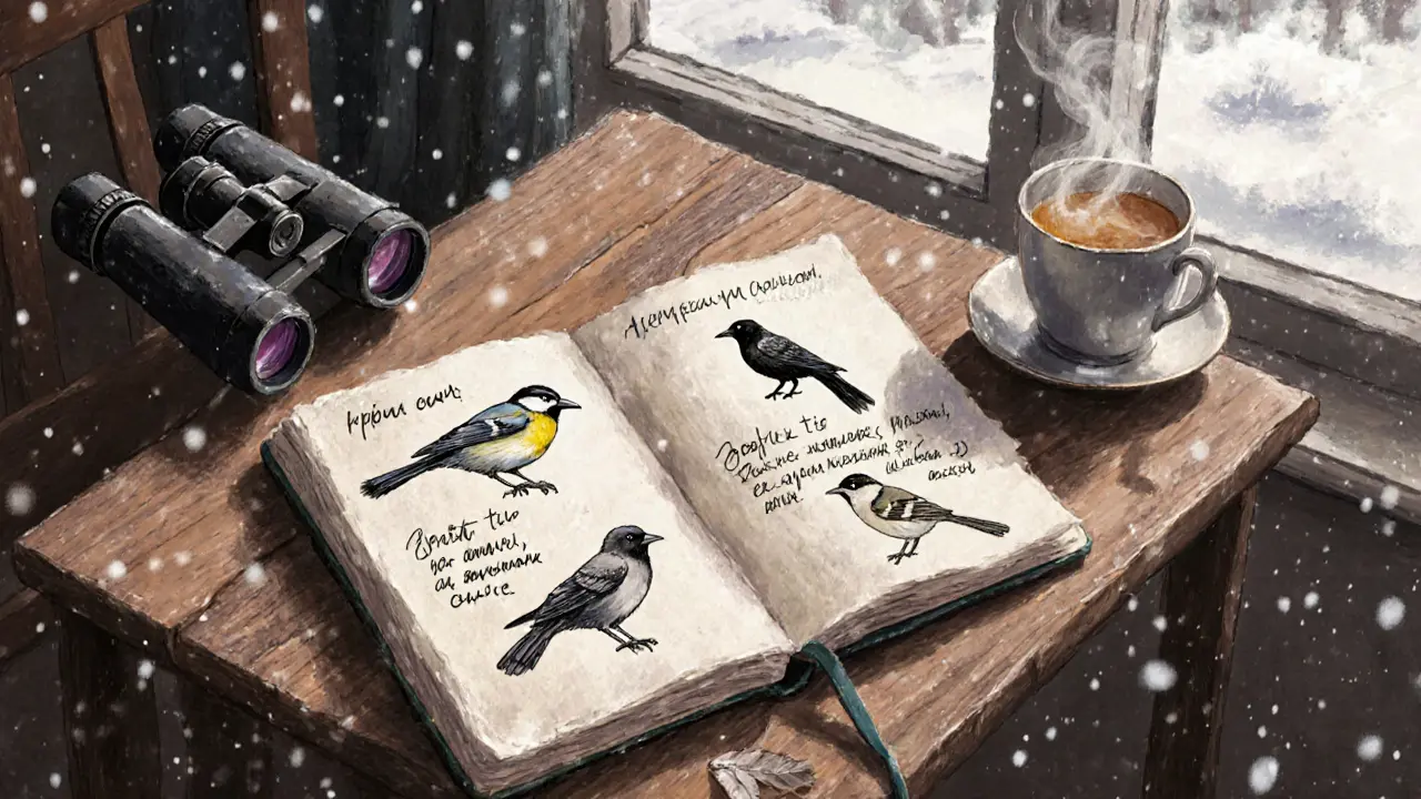 Открытая тетрадь с зарисовками птиц и записями рядом с чашкой чая и биноклем.