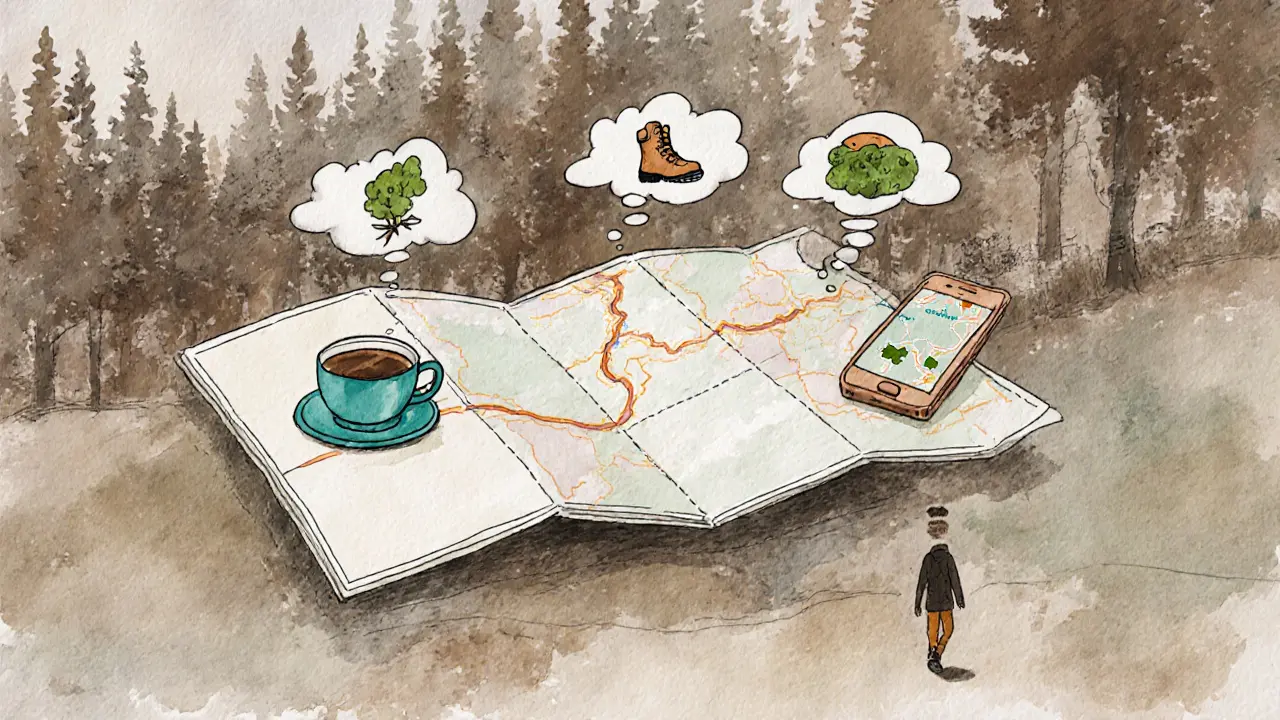 Плавающая карта с иконками приложений и запахами, человек уходит от толпы к лесу.