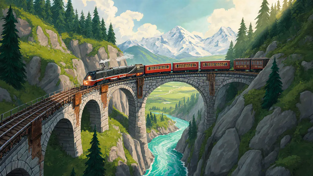 Поезд Bernina Express поднимается по крутому склону через ущелье с мостами и рекой внизу.