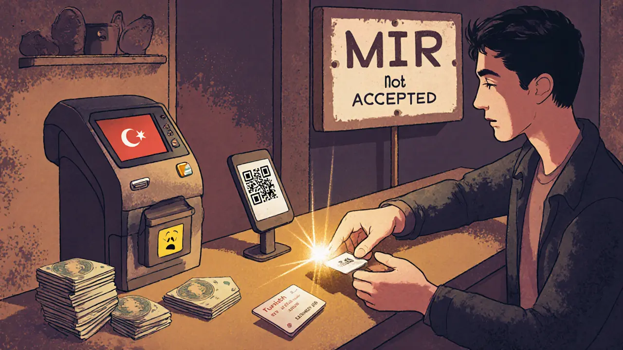 Путешественник оплачивает кофе NFC-стикером в Турции, рядом — наличные и карта Troy.