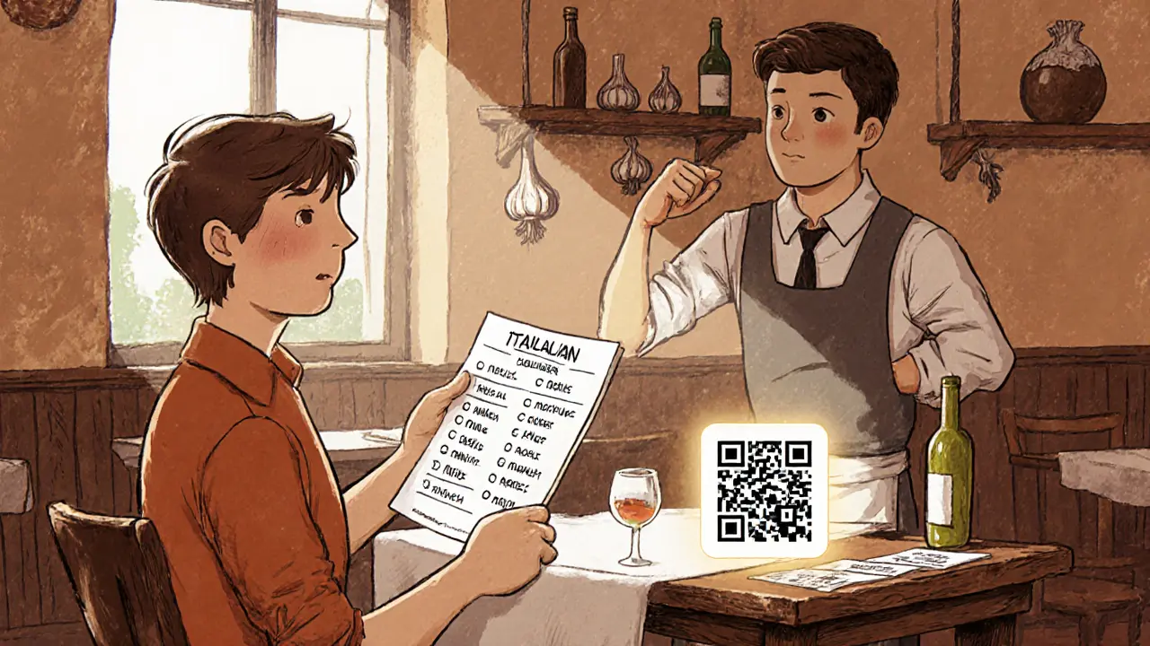 Путешественник показывает официанту список фраз на итальянском с транскрипцией в уютной траттории.