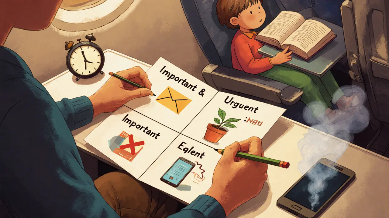 Путешественник распределяет задачи по матрице Эйзенхауэра на карте поезда.