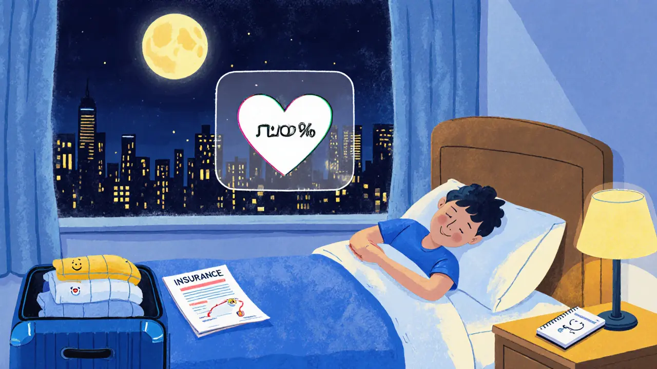 Путешественник спит в отеле, рядом — распечатанные документы и заметки с маршрутом.