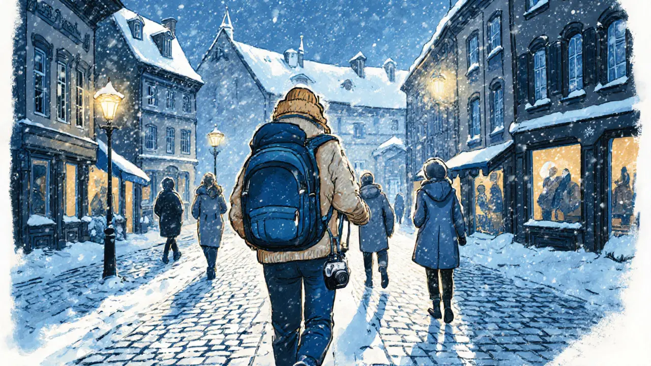 Путешественник в слоистой одежде гуляет по зимним улочкам Праги с рюкзаком.