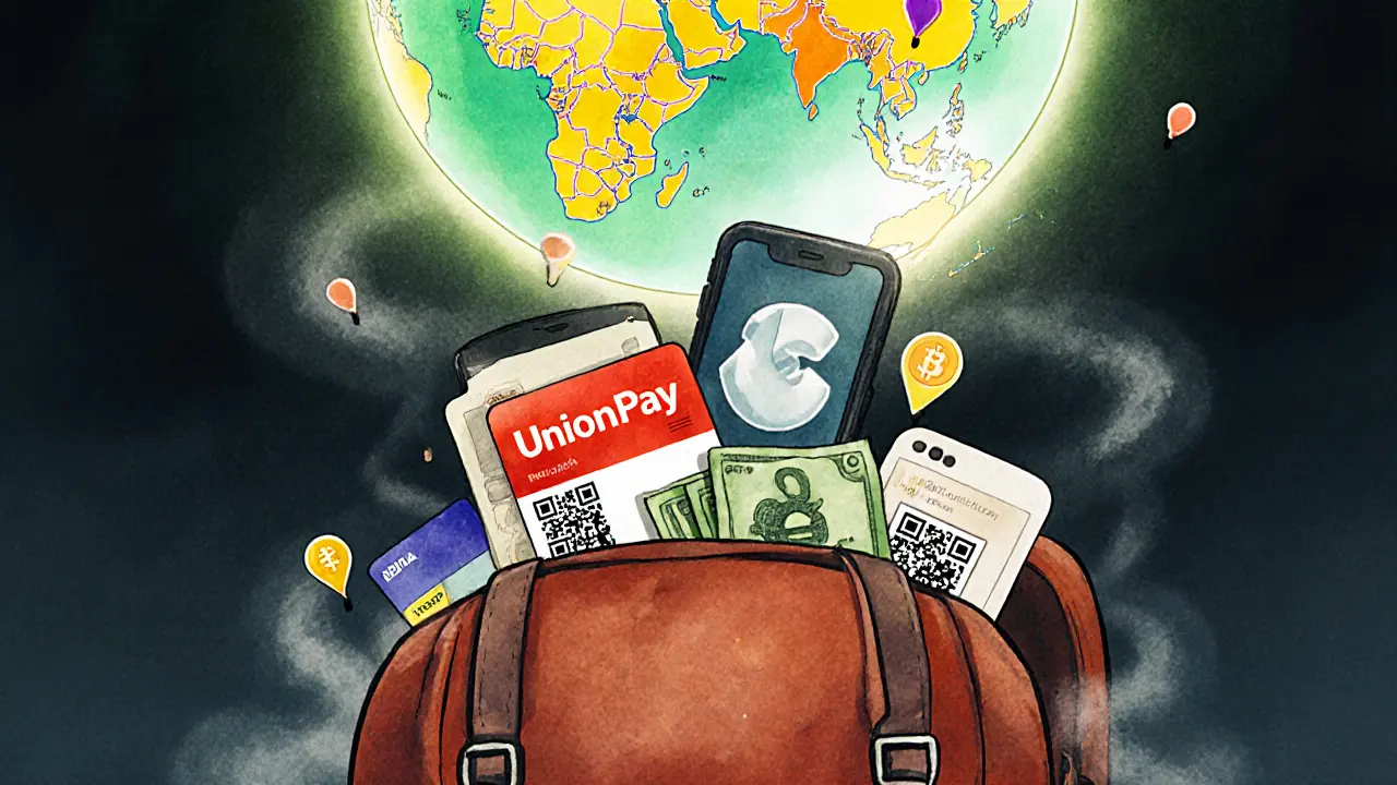 Рюкзак путешественника с разными способами оплаты за границей: UnionPay, NFC, QR-код, наличные и криптовалюта.