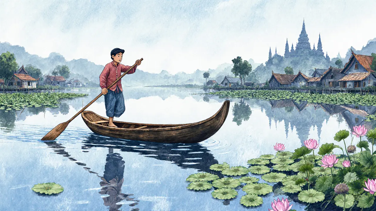 Рыбак на озере Инле стоит на лодке, гребёт одной ногой, вокруг — плавучие сады и монастырь на сваях.