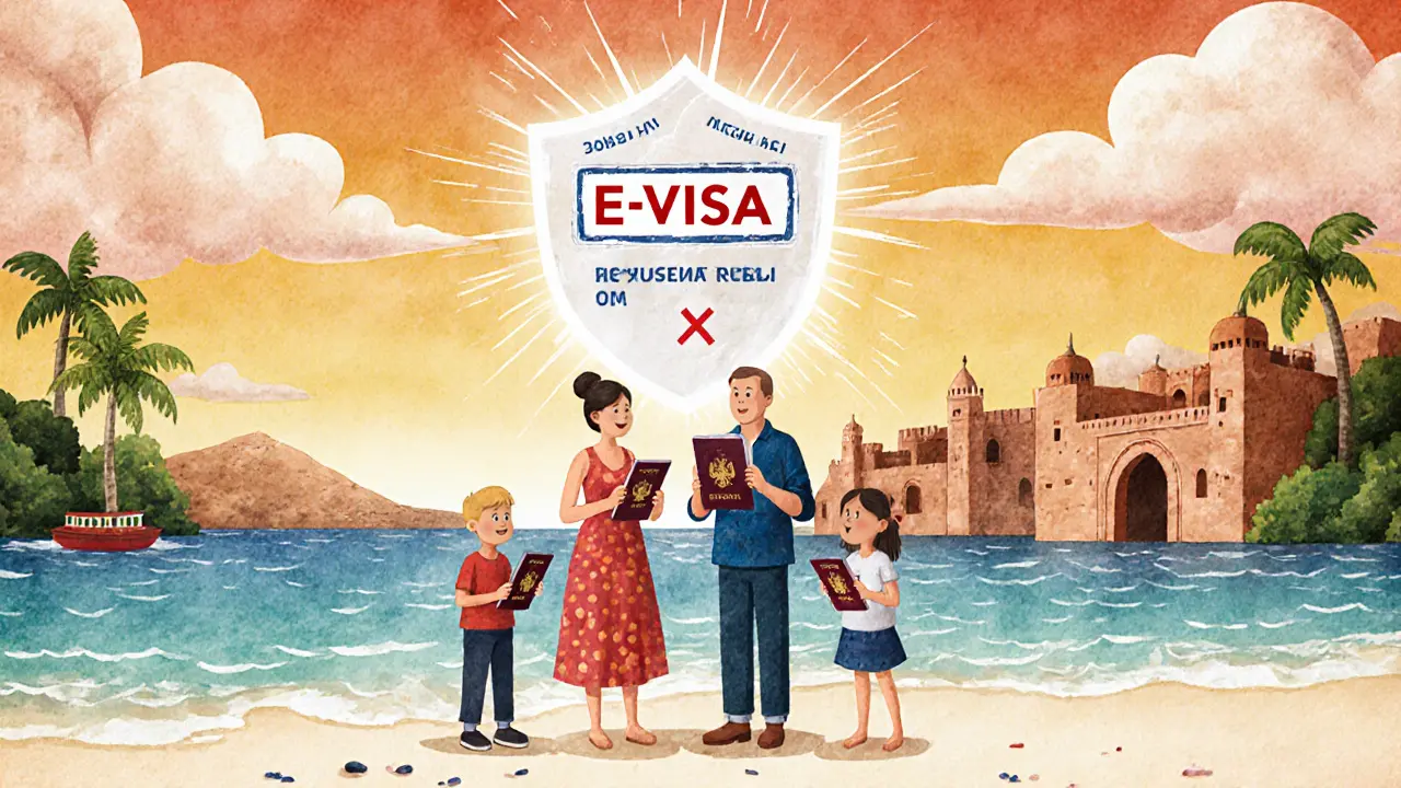 Семья на пляже с электронными разрешениями, за ними — контраст: один турист въезжает, другой — отклонён.