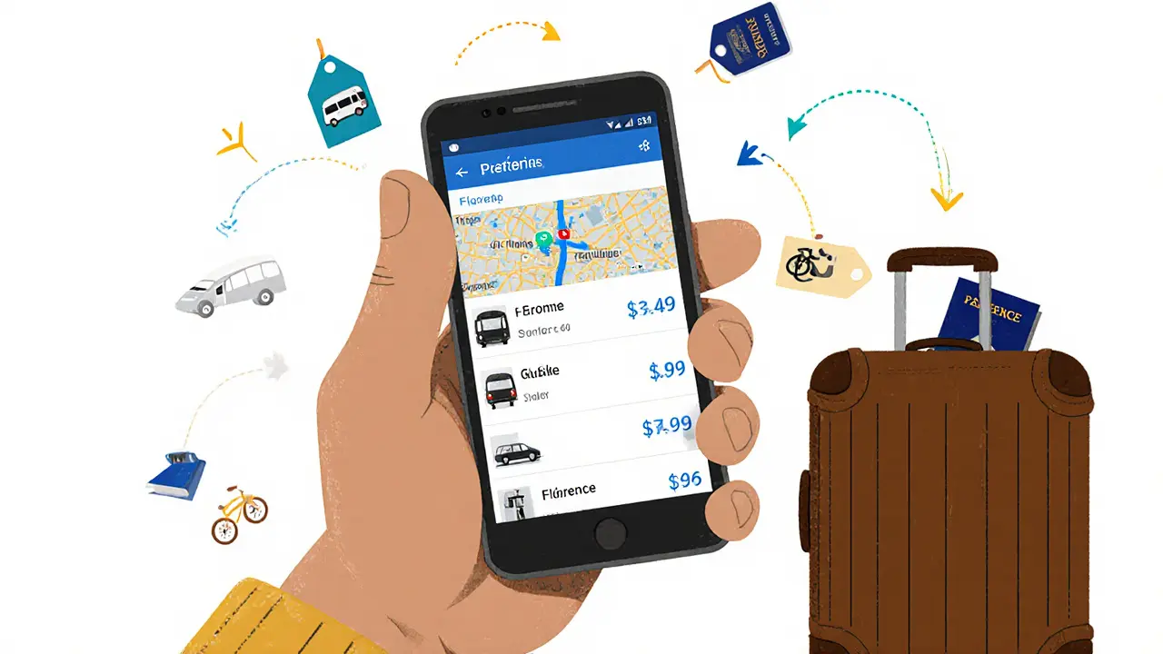 Смартфон показывает маршрут от Рима до Флоренции разными видами транспорта.