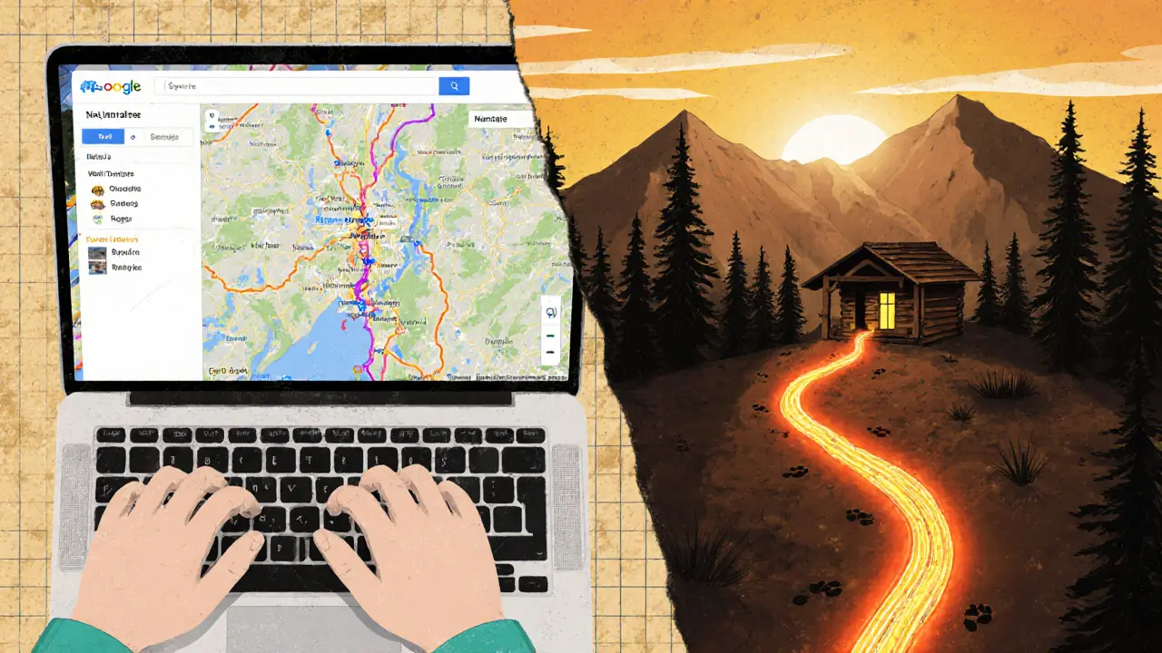 Сравнение обычной карты и тепловой карты троп на фоне горного ландшафта.