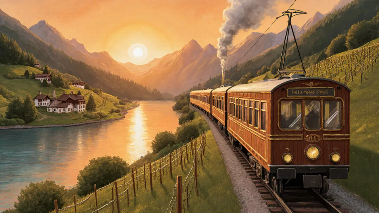 Винтажный поезд Golden Pass проезжает через виноградники и озеро на закате, без гор.