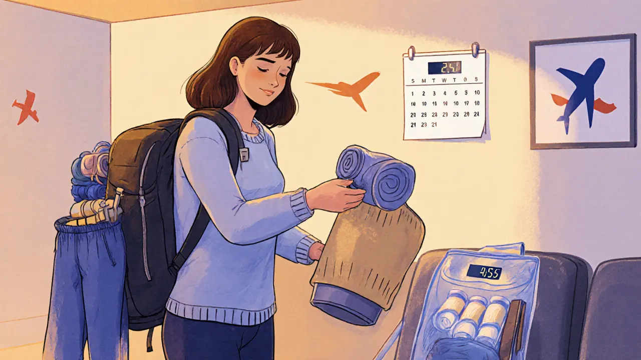 Женщина упаковывает одежду в вакуумный пакет, рядом — складные брюки и весы с 4,8 кг.