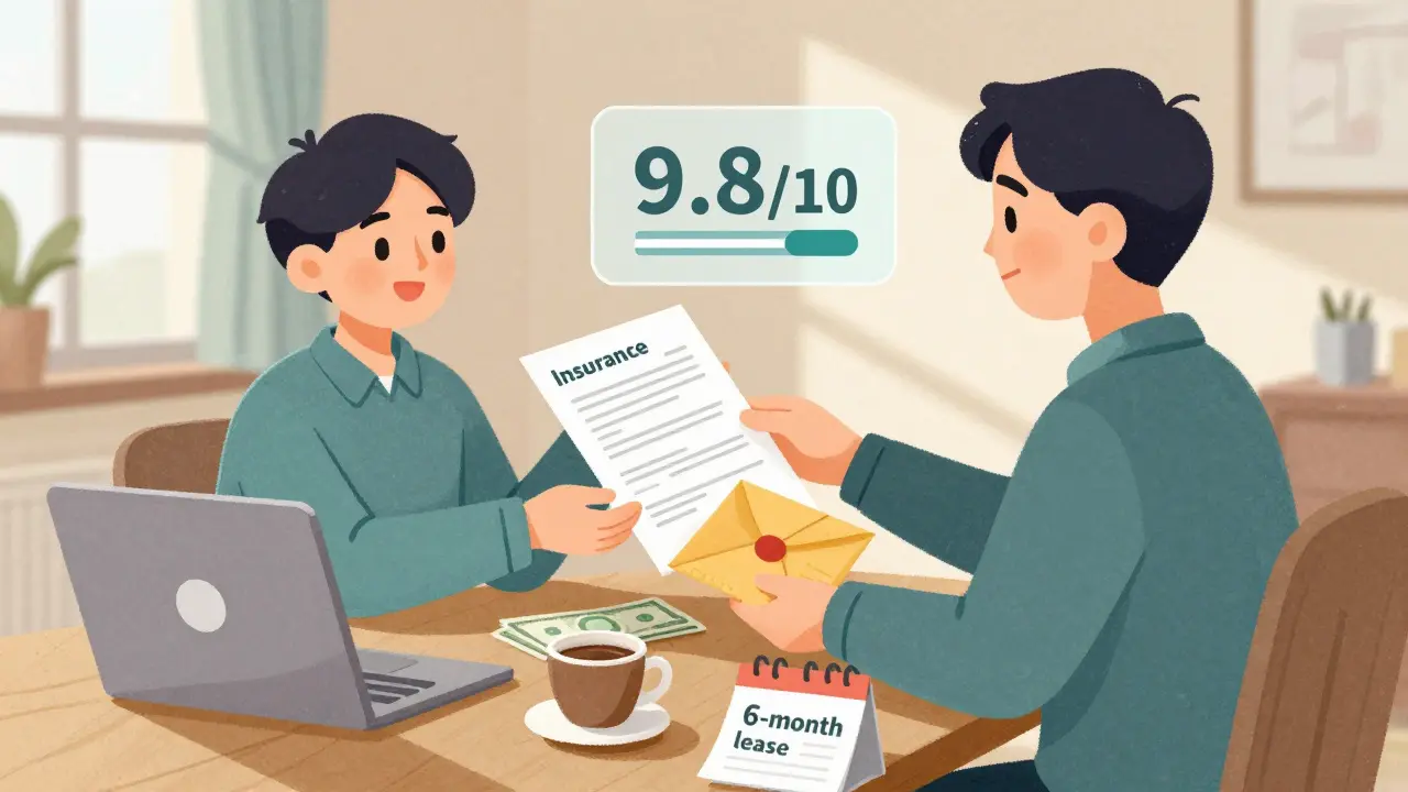 Арендатор передаёт страховку вместо депозита, на экране — высокий рейтинг.