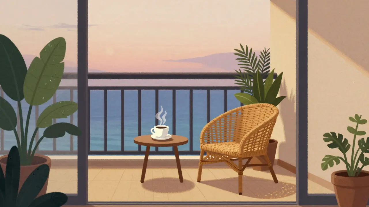 Балкон отеля с чашкой кофе, растениями и тихим закатом