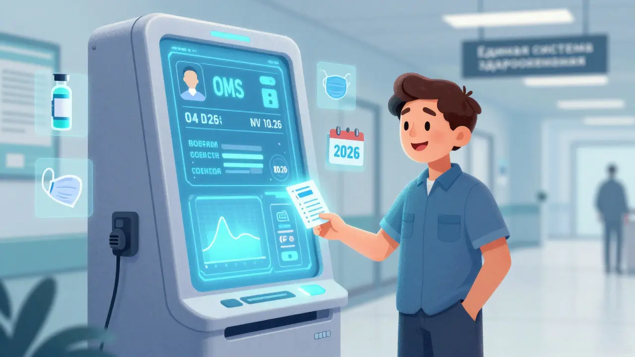 Футуристический терминал здравоохранения в России 2026 года с автоматическим подтверждением диагноза и выплатой.