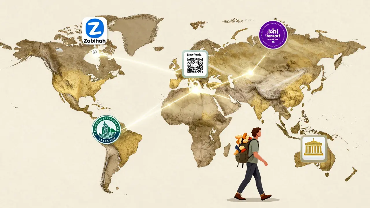 Глобальная карта с приложениями Zabihah и Kosher Traveler, соединяющими сертифицированные кафе по всему миру.