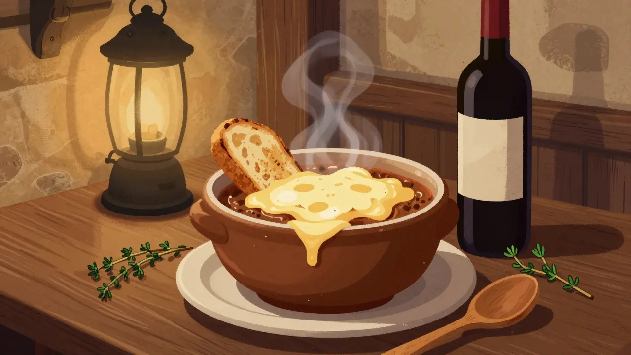 Горячий луковый суп с расплавленным сыром в керамической миске в уютном бистро.