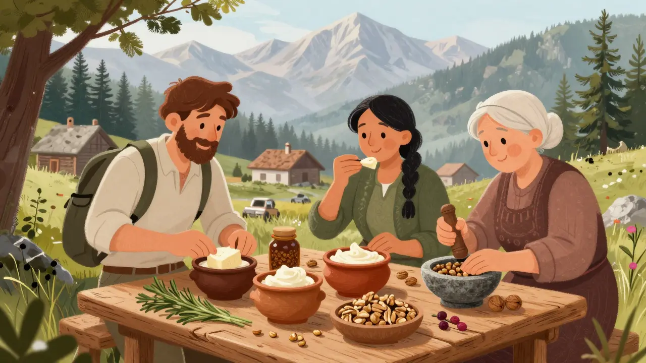 Горная деревня на Кавказе, где готовят сыр из орехов и грецких орехов в глиняной посуде.