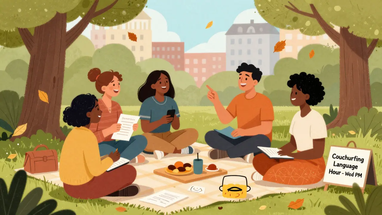 Группа людей в парке Берлина обменивается языками на пикнике, смеются и пишут в блокнотах.