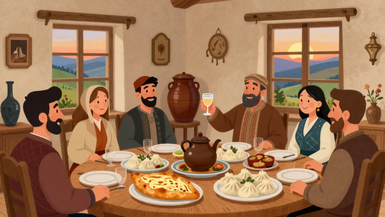 Грузинский обед с тостом тамады, хачапури и вином в традиционном доме.