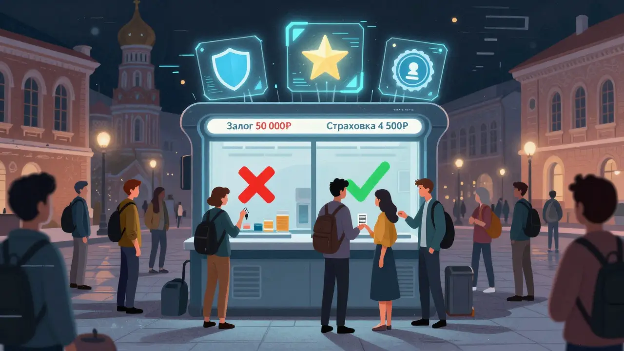 Киоск аренды: выбор между залогом и страховкой, люди получают ключи по QR-коду.