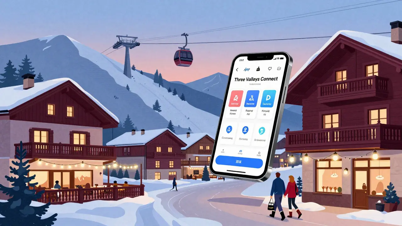 Куршевель-1850 в сумерках: роскошные шале, гондола и цифровое приложение для лыжников.