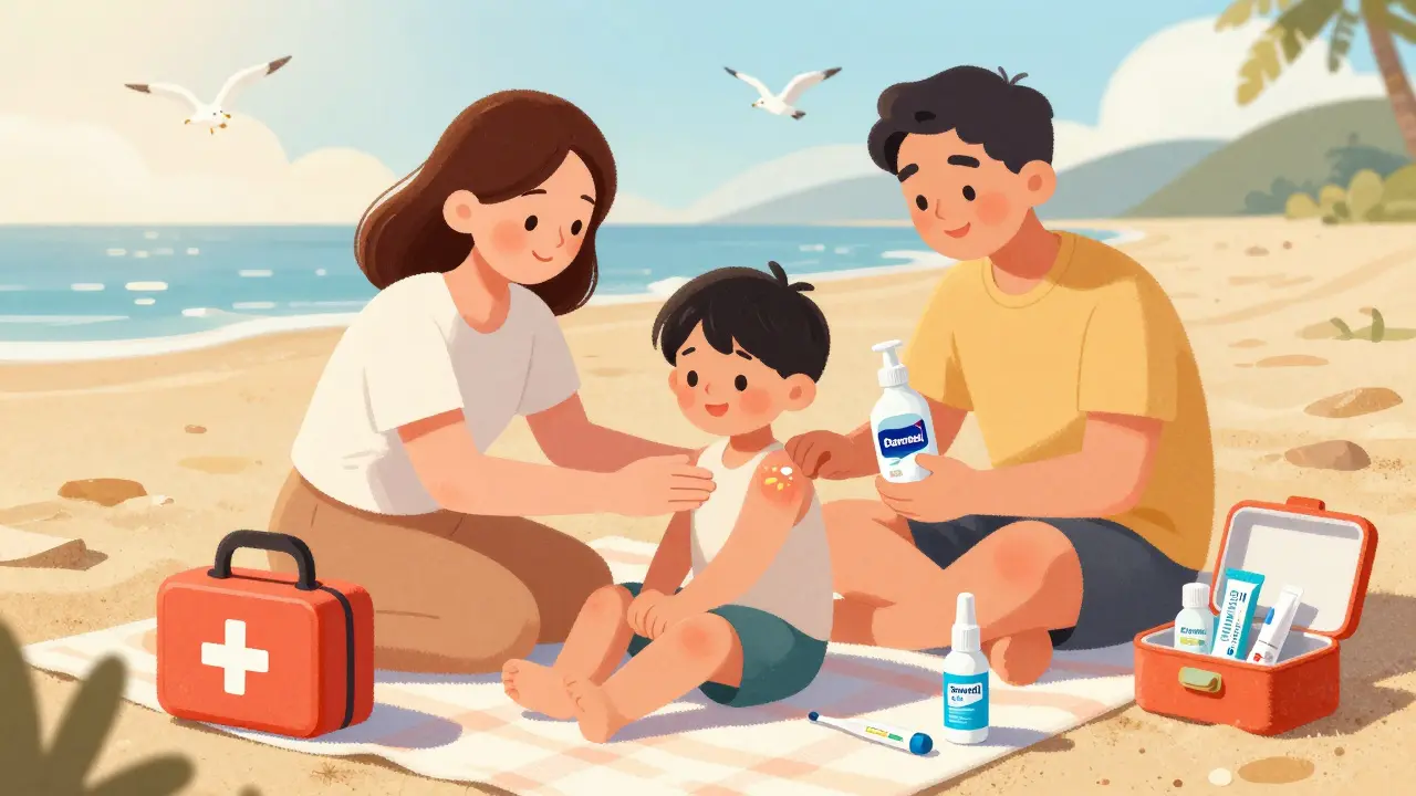 Мама наносит средство от ожога на плечо ребенка на пляже, рядом открыта аптечка с необходимыми средствами.