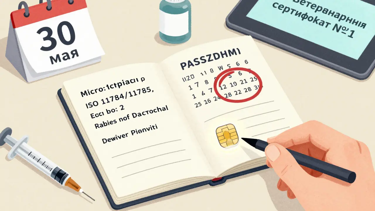 Открытый ветеринарный паспорт с отметками о чипировании и прививках.