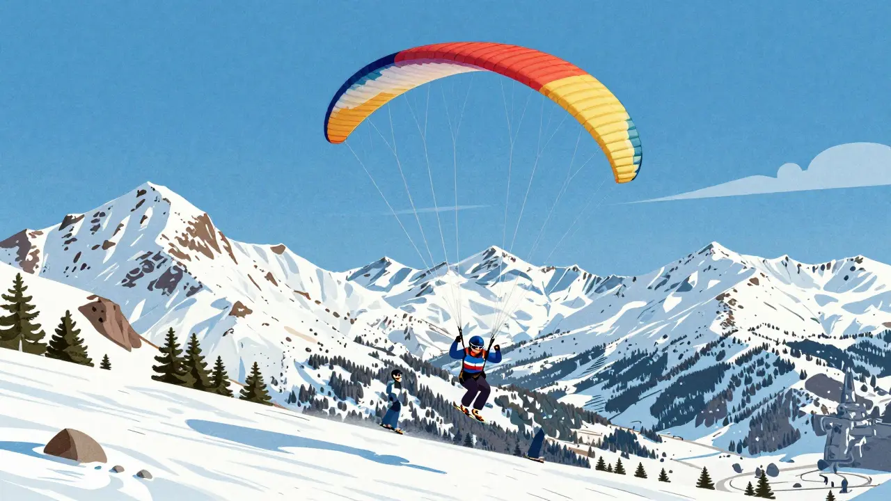 Парапланерист парит над снежными горами Красной Поляны.