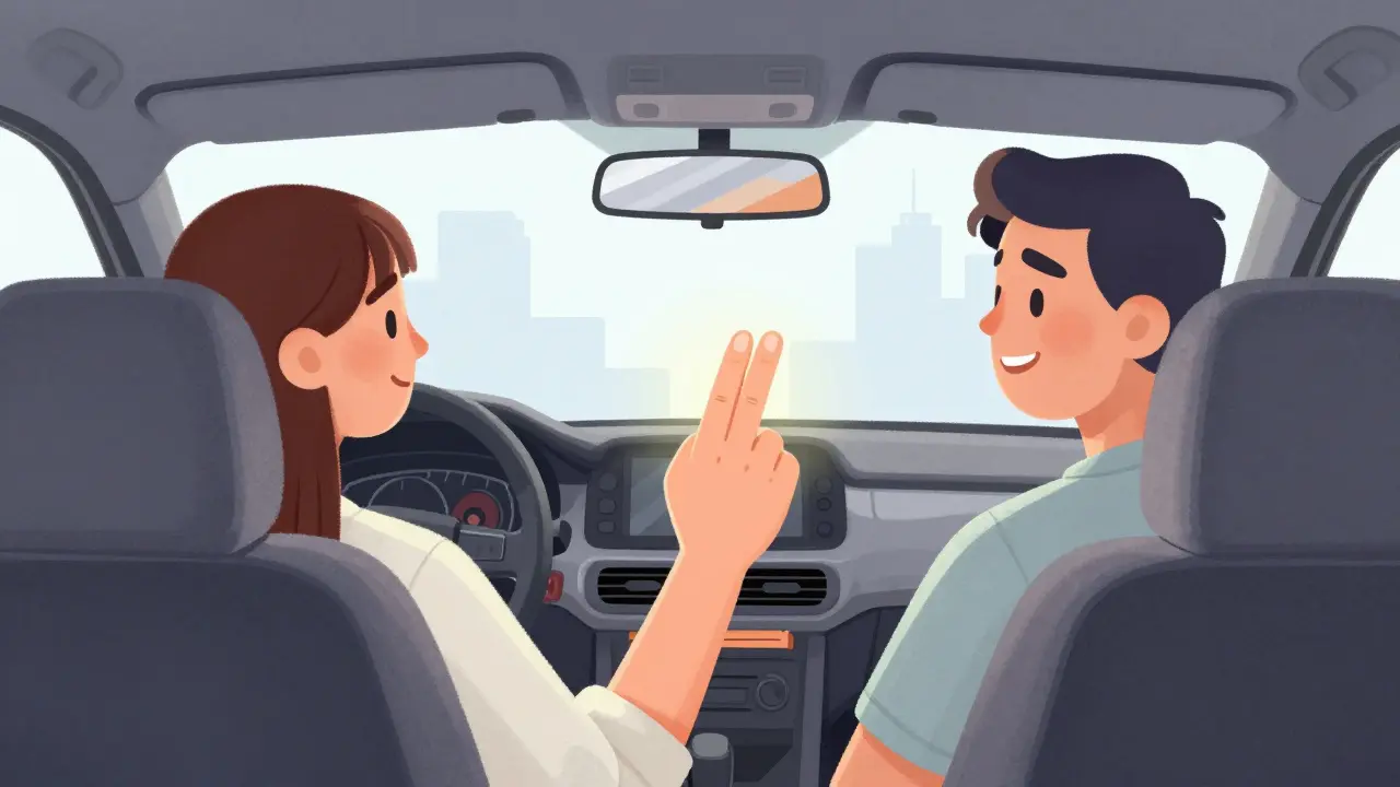Пассажир делает жест «спасибо» — таксист улыбается, глядя в зеркало заднего вида.