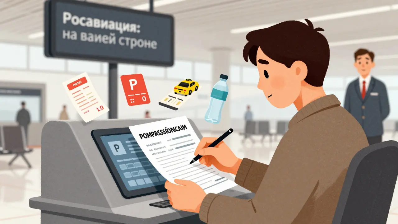 Пассажир подает заявку на компенсацию за задержку рейса, рядом лежат чеки на отель и такси.