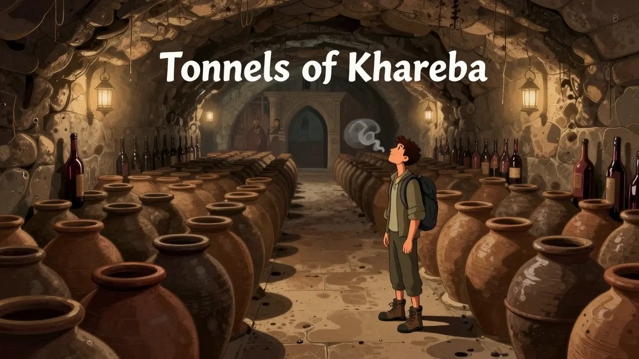 Подземные погреба Хареба с тысячами квеври, освещённые мягким светом фонарей.