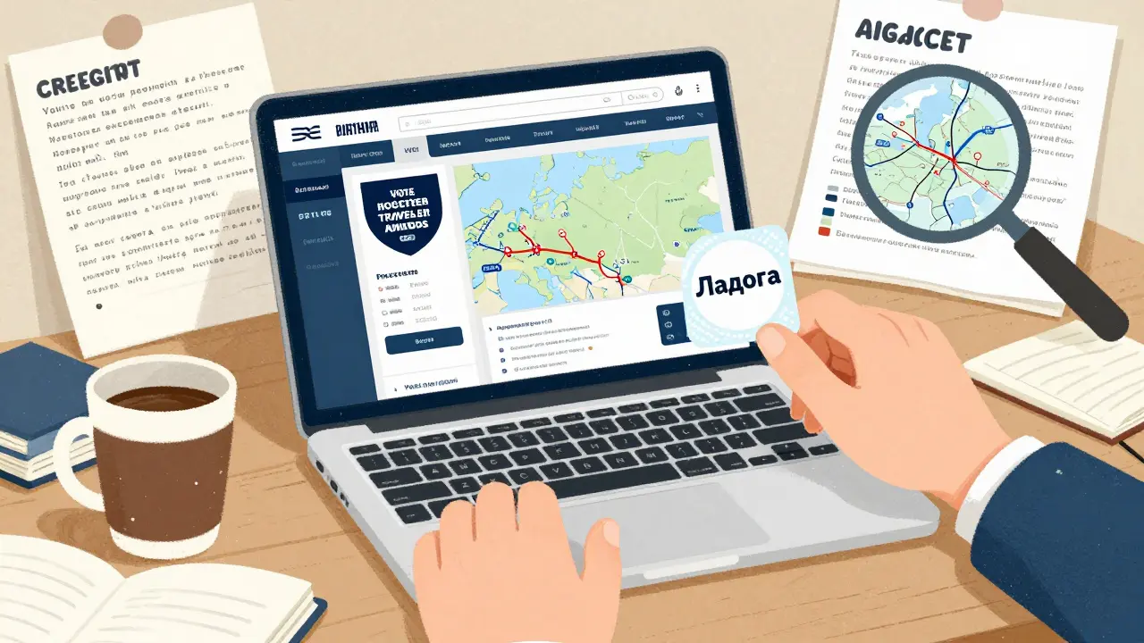 Рабочий стол с ноутбуком, где проходит голосование за лучшие туристические маршруты, и бумажные отзывы туристов.