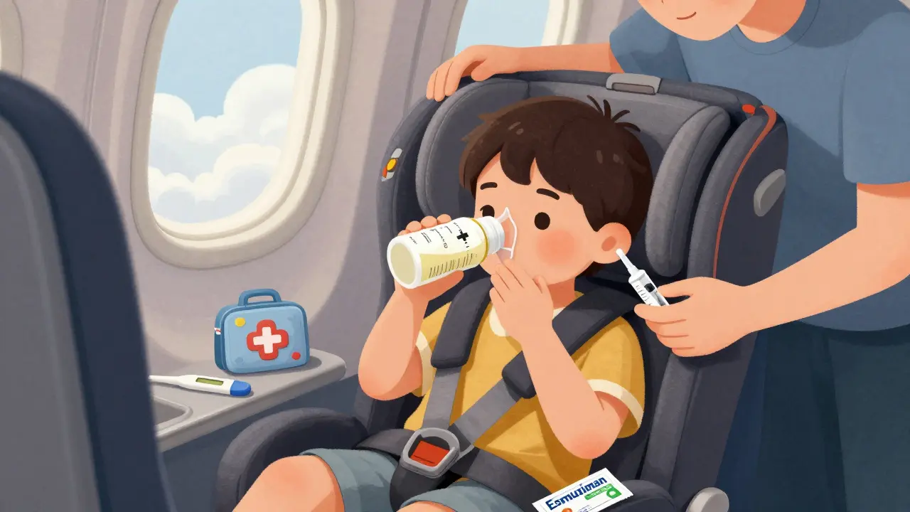 Ребенок пьет из бутылочки в самолете, родитель проверяет дозировку сиропа, рядом лежит аптечка с лекарствами.