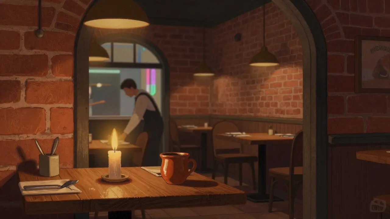 Ресторан ночью: свеча, кирпичная стена и размытый официант вдали