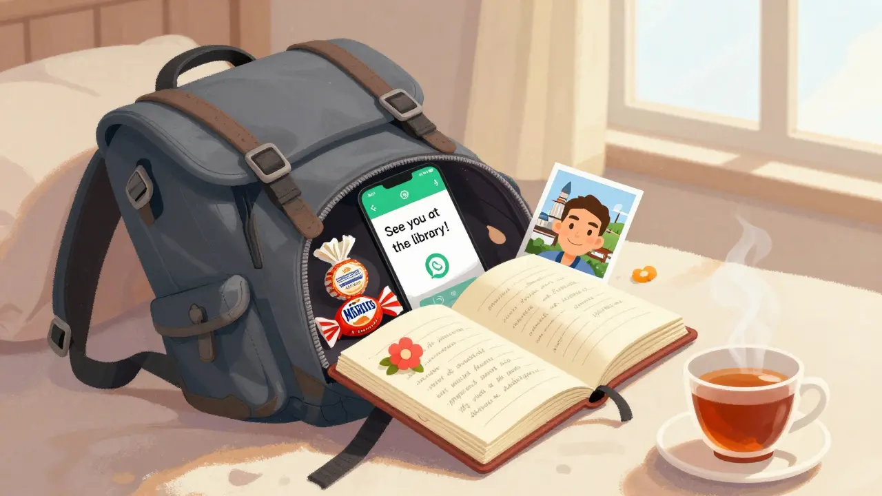 Рюкзак путешественника открыт: тетрадь с новыми словами, конфета, WhatsApp и фото собеседника.