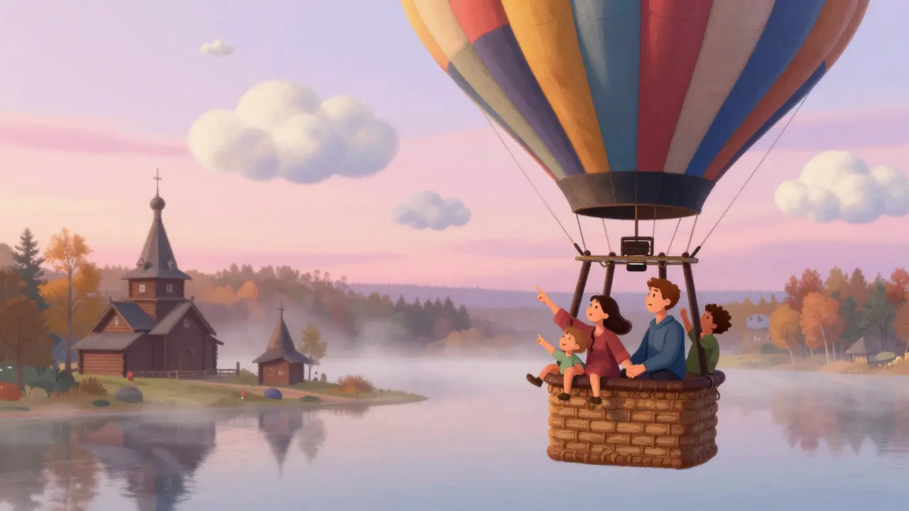 Семья летит на воздушном шаре над озёрами Псковской области на рассвете.