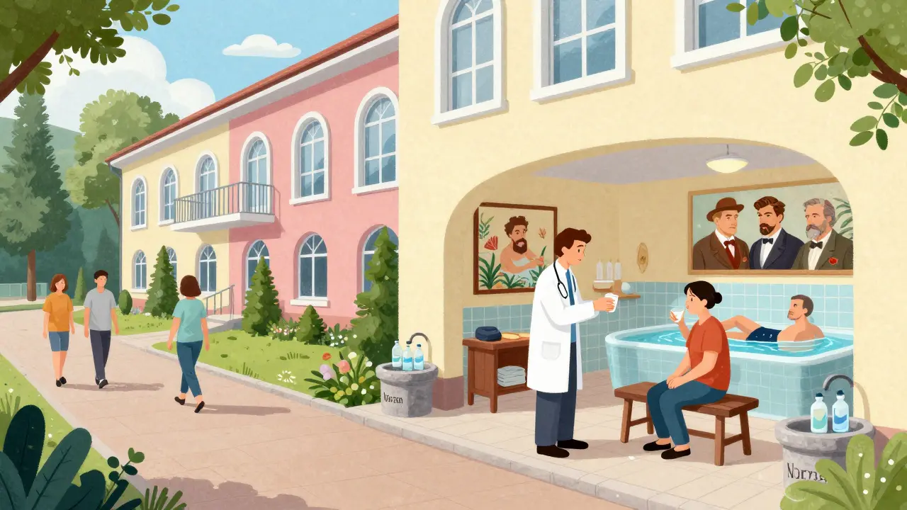 Современный санаторий с прогулочной аллеей, где посетители набирают воду Нарзан из кранов.