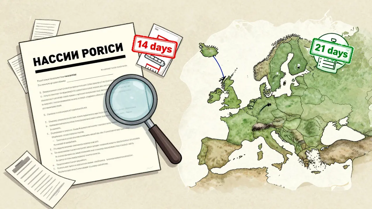 Сравнение российского и европейского страховых полисов на карте мира с ключевыми различиями в сроках и документах.