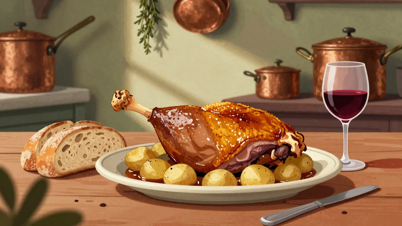 Утка конфи с картофелем в жире на деревянной тарелке в прованской кухне.