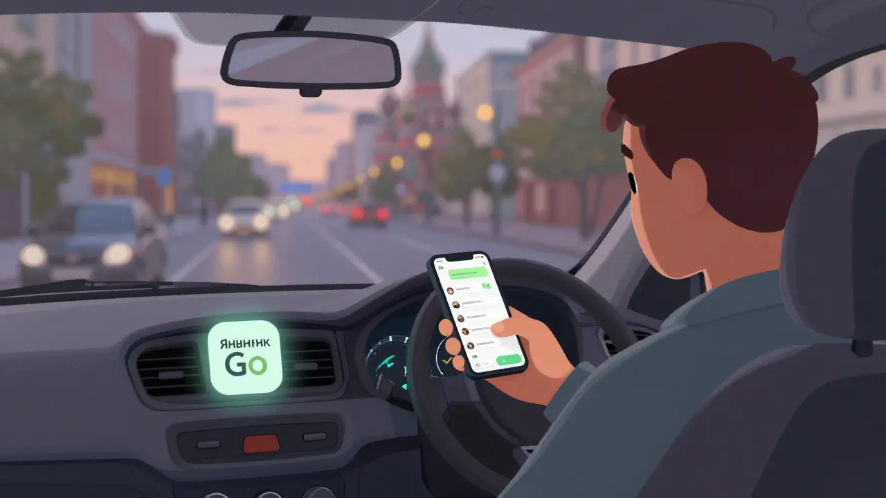 В салоне такси на экране телефона — сообщение в чате Яндекс Go, водитель смотрит на него.