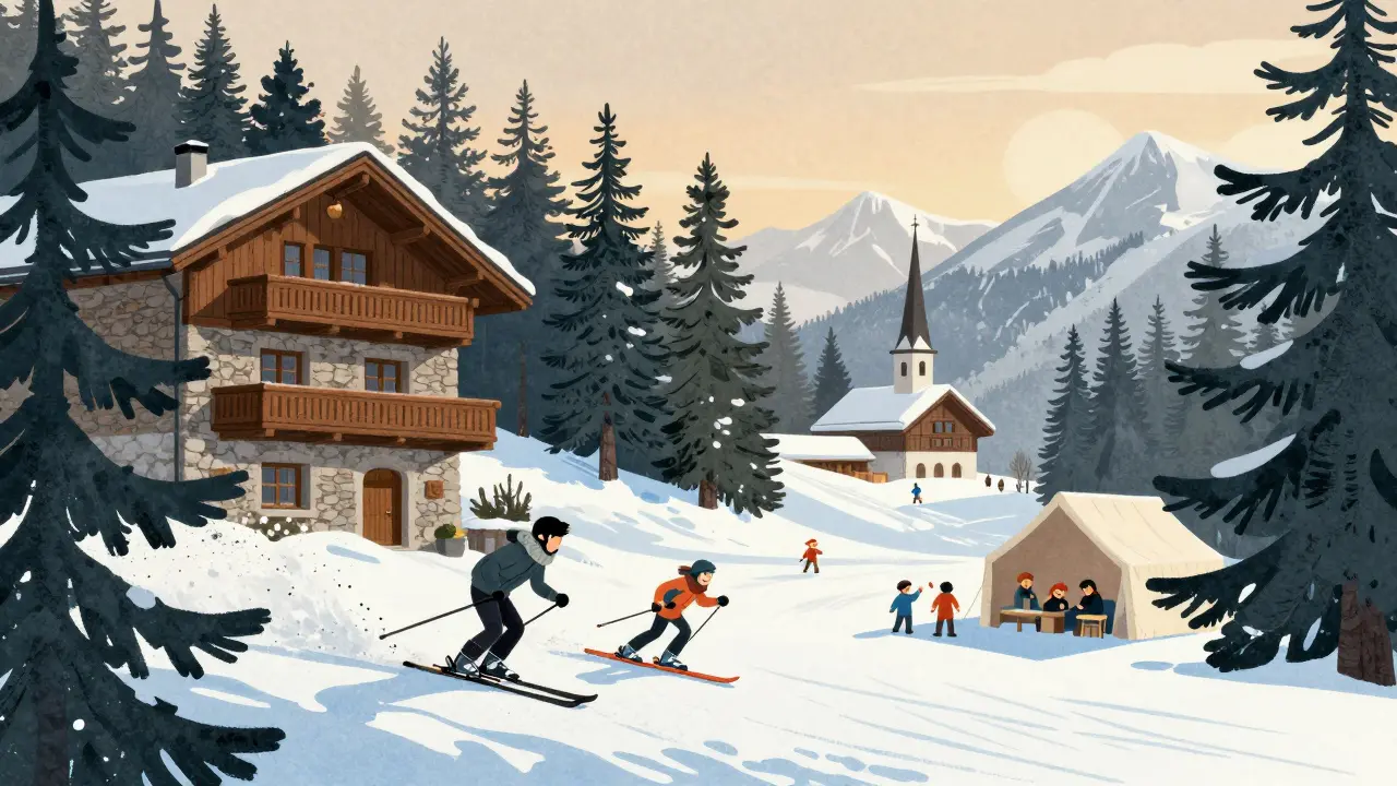 Валь д&#039;Изер на рассвете: тихая деревня, лыжник на черной трассе, дети на синих склонах.