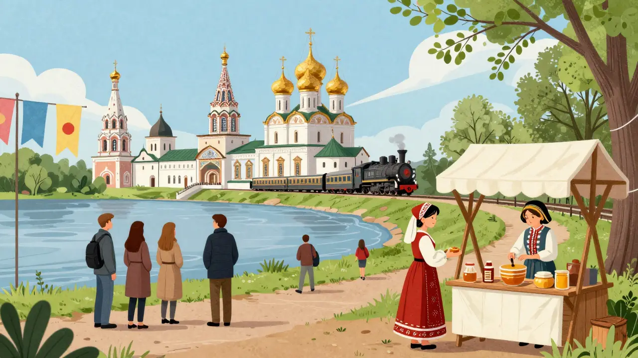 Весенний Ярославль: церковь с фресками, купцы с медом и паровоз на фоне Волги — смешение истории и современности.