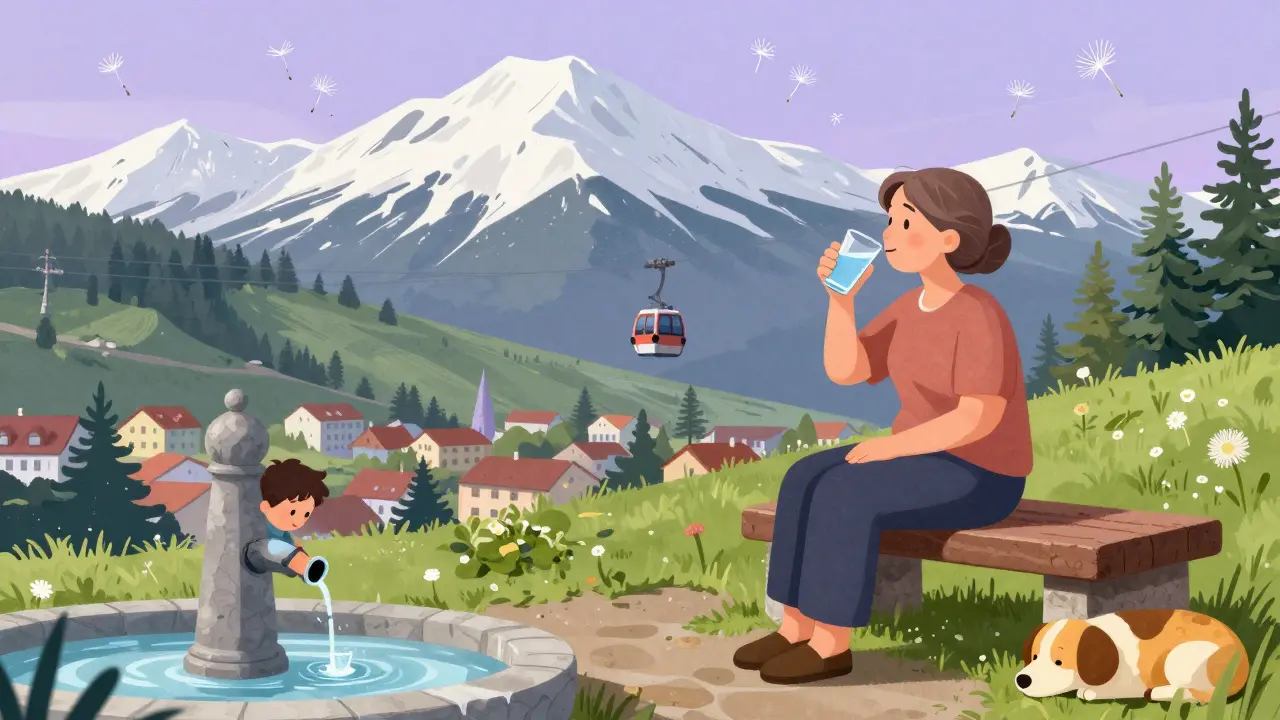 Женщина пьёт минеральную воду на фоне горы Машук, утром, с ребёнком и собакой рядом.