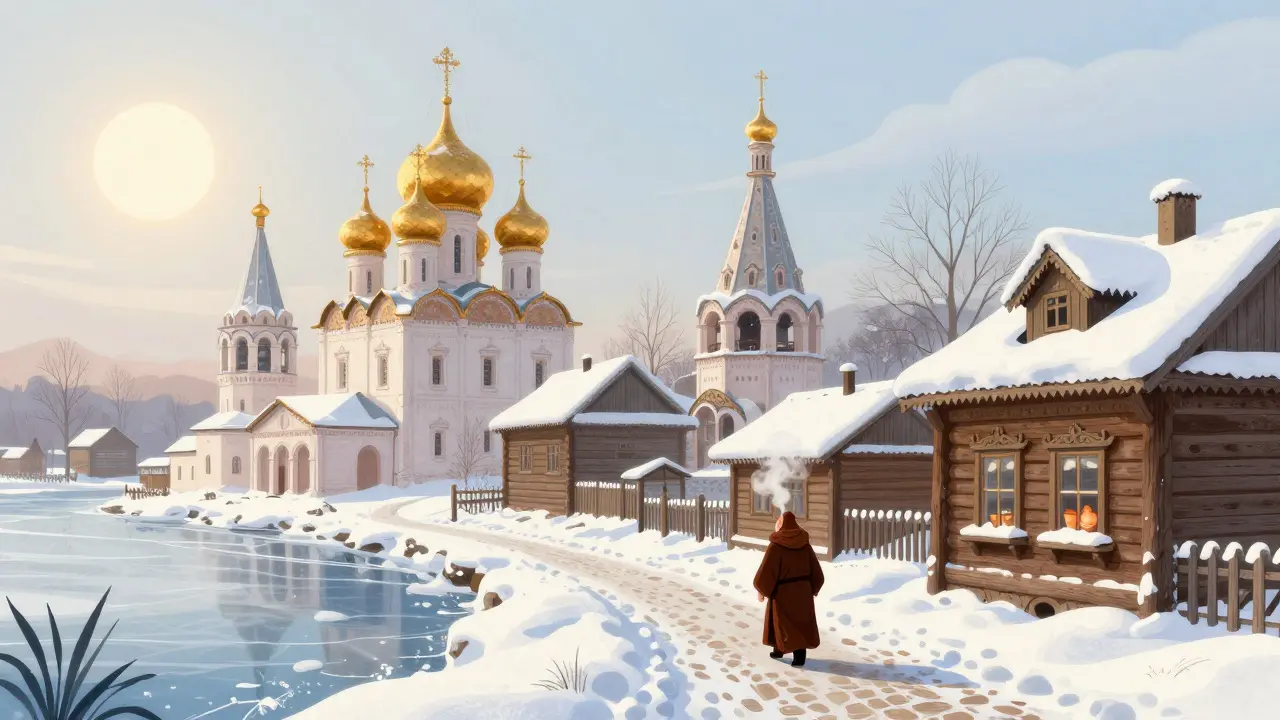 Зимний Суздаль под снегом: церкви с золотыми куполами и деревянные дома в тишине, у реки — одинокий монах.